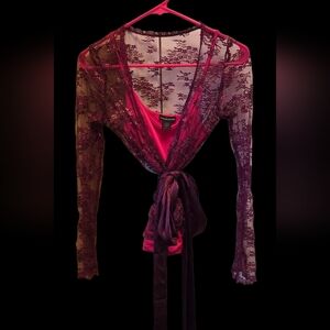 Moda International Pink And Maroon Lace Wrap Blouse With Beautiful Ribbon Y2k